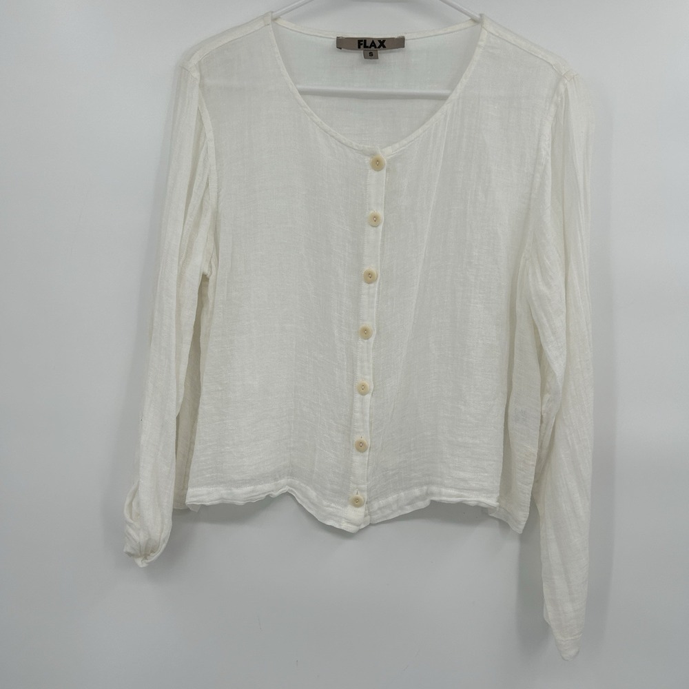 Flax Womens Linen Blend Long Sleeve Button Down Shirt Sz S White Beachy Coastal